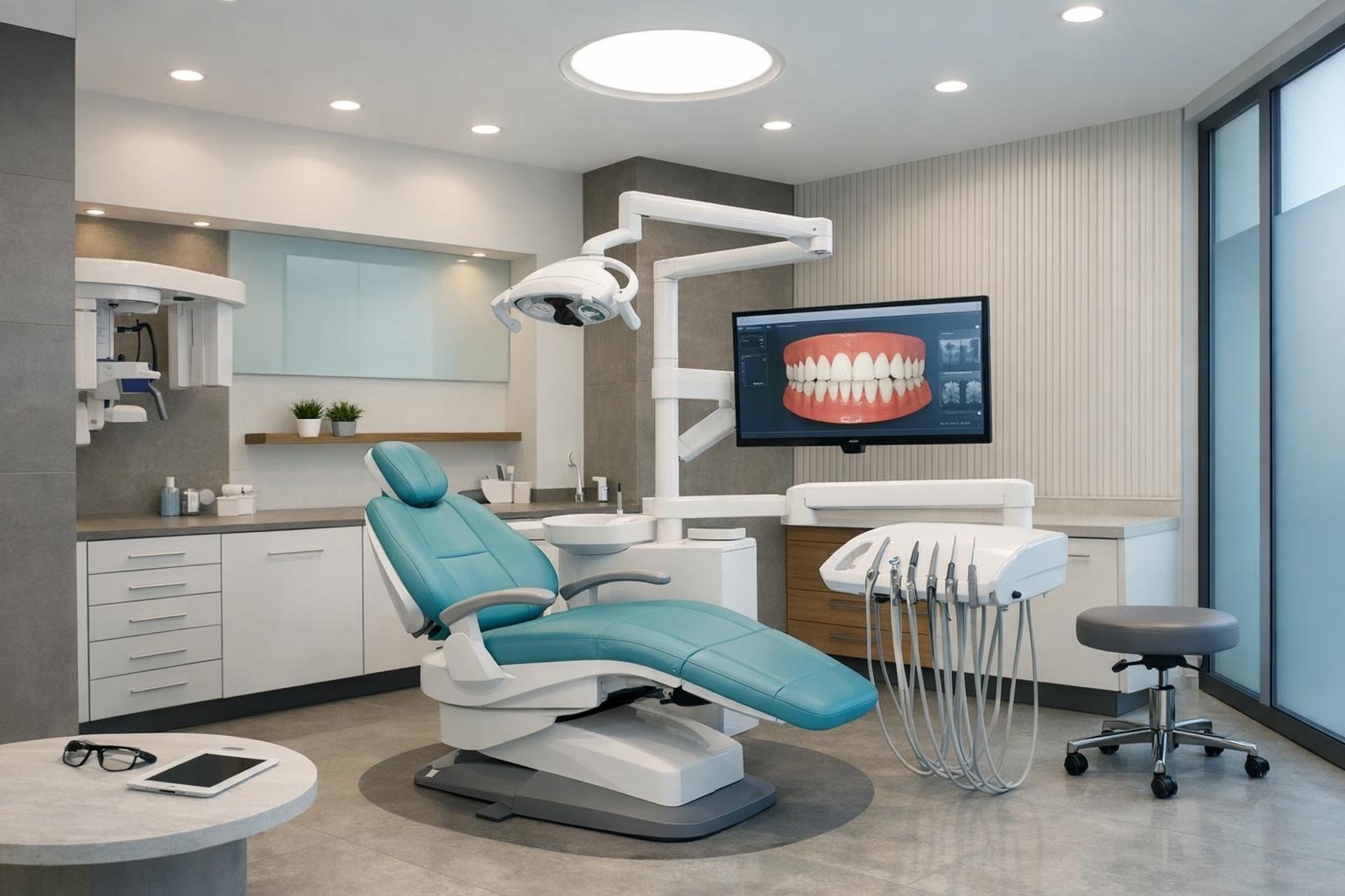 Zdjęcie wnętrza gabinetu ortodontycznego z modernistycznym wyposażeniem