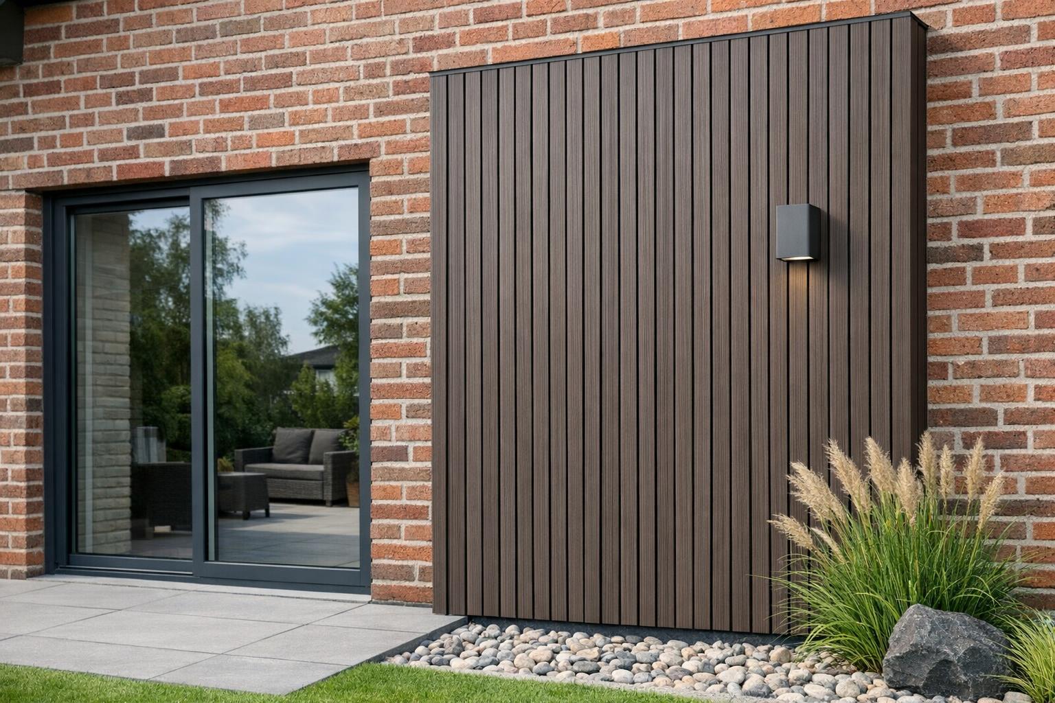 zdjęcie: panel WPC użyty przy elewacji z cegły